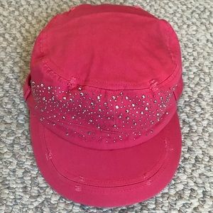 Distressed Coral denim hat with bling & button accents. PUGS BLINGY BILLED HAT.